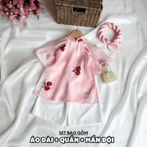 AD21 Áo dài cách tân tơ hồng RIOKIDS cho bé gái sơ sinh đi chơi Lễ Tết du xuân