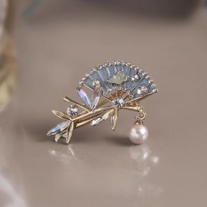 ปิ่นปักผมพัดลมไม้ไผ่คริสตัลมุกสวยหรูกิ๊บหนีบผมหน้าม้าของผู้หญิงคลิปหนีบปากเป็ดอัลลอยแฟชั่นสไตล์สมัยโบราณเครื่องประดับผม