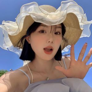 LUCKFRE Beach Womens Straw Hat Spring Summer Lace Big Brim Sun Hat Fashion Travel Sun Protection Cap Female