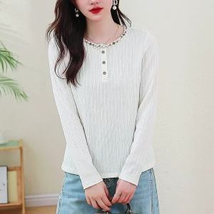 Ammin 2025 Mùa Thu thời trang mới Sọc Kết Cấu Áo len đan Cho Phụ Nữ thời trang phong cách Hàn Quốc Đính Cườm Ribbon Cổ Tròn Tay áo dài áo blouse thanh lịch