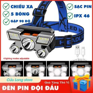 Đèn Pin Đội Đầu Siêu Sáng 5 bóng 20W Led bin sạc điện chống nước chiếu xa ngoài trời du lịch soi cá dã ngoại y tế leo núi đeo nhẹ êm