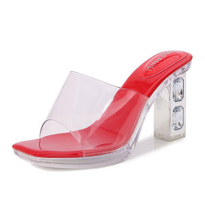 YUCHEN  3.15 inches Womens Transparent PVC High Heel Sandals - Glittering Crystal Embellished Square Heels Sleek Streamlined Design with Anti-Slip Soles Minimalist Black & White Color - Fashion Commuter Shoes for Office & Summer Outin High Heeled Shoes