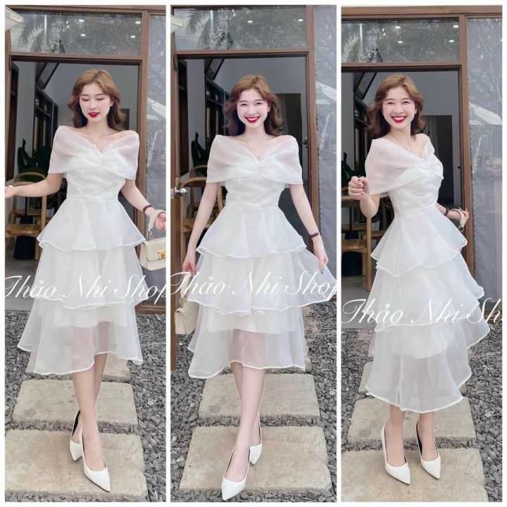Đầm - Váy trắng trễ vai tay bồng có đệm ngực dự tiệc dáng chữ A | Shopee  Việt Nam