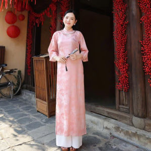 Áo Dài Cách Tân Gấm Long Phụng MÂY May Sẵn Dáng Suông Cổ Cao 2 Tà Sang Trọng Qúy Phái