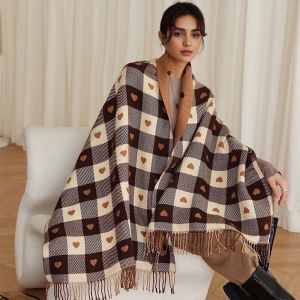 NOVELLEO Acrylic Fibers Plaid Knitted Scarf Warmer Long Tassel Shawl Korean Style Classic Heart Thickened Scarf Winter
