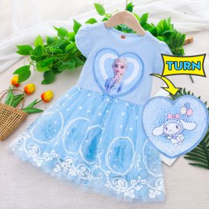 2-8Yrs Dress Elsa Sequins Cartoon Lucu Anak Perempuan Kartun Kupu Gaun putri Nyaman Pink Biru