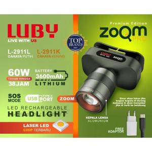Senter Kepala LED Zoom Laser 60 Watt Luby L-2911L/L-2911K Cahaya Putih & Kuning Waterproof Super Terang Batre 3600mAh Tahan Hingga 38 Jam Pemakaian