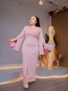 เดรสแฟชั่นสาวหวาน สีชมพูพาสเทล ผ้าโพลีเอสเตอร์