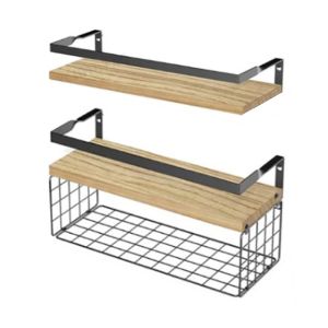NEXASHOP Wooden+Metal Bathroom Wall Mounted Shelf With Storage Basket Strong Load-bearing Capacity Floating Hanging Rack Modern Multifunction Bathroom Organizer Bathroom