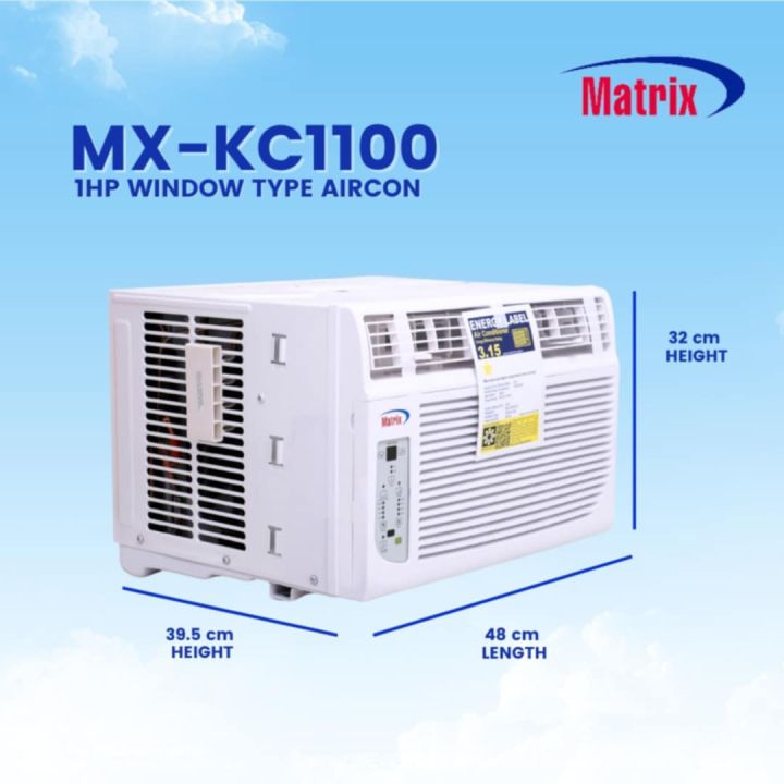 Matrix Aircon Shop - Mx-KC1100 Matrix 1HP Window Type Air Conditioner  offering efficient cooling for your space. With eco-friendly refrigerant, blue fin technology, independent dehumidifying, 24-hour timer, and easy installation