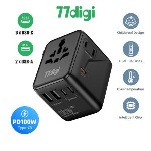 77digi 100W Travel Adapter PowerExtend 3 Type-C + 2 USB A Fast Charging International Worldwide Universal Travel Plug Adapter WWA100