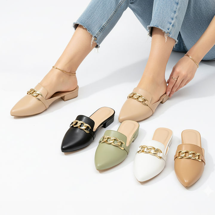 R&A870 1-Inch Pointed Toe with Gold Chain Embellishment at Vamp Closed Toe  Heels Half Shoes (Narrow Fit) Low Block Heel Narrow Fit Shoes Elegant  Slip-On Heels For Women - Lazada | Lazada