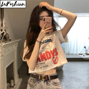 Korean Women Casual Print Slim Crop Tops Blouse Shirt