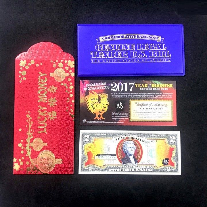 [HCM]Tiền kỷ niệm 2 USD con Gà 2017 Màu xanh đỏ và vàng Tờ tiền dài 15cm ngang 6.5cm - TLX056