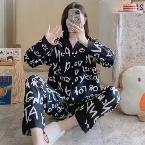 360 Outfit 2 in 1 Set Long Sleeve Pajamas Short Sleeve Pyjamas Short Sleeve Women Ice Silk Sleepwear Pajamas Berkualiti Baju Tidur Perempuan Wanita Murah Pakaian Malam Summer Winter Polyester Silk Baju Tidur Lengan Pendek