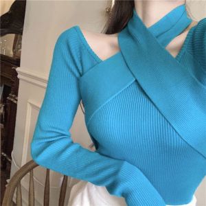 Korean Style Pure Red Knitted Bottoming Shirt Cross-Halterneck off-Shoulder Top㏇X0410