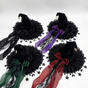 MACRAMEX Wide Brim Witch Hat Ruffle Brim Gothic Dark Style Cosplay Costume Hat Dramatic Lace Trim Gothic Hat Halloween Costume