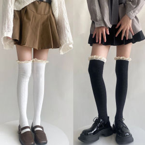 💖LH Shoes💖ถุงน่องย้อนยุคของผู้หญิง ผ้าฝ้ายแท้ลายแนวตั้ง ตกแต่งลูกไม้ ถุงเท้าบูต ถุงเท้าสูงหวาน