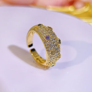 SEQUITO Hot Selling Women Adjustable Gold Plated Ring Full Pave Tiny Multi Color AAA CZ Zirconia Trendy Open Cuff Finger Jewelry SR160