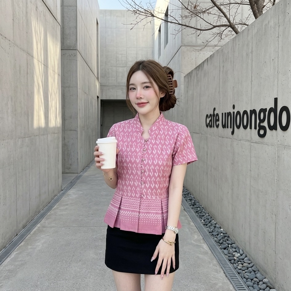 LANNA เสื้อคอจีนระบายเอวเข้ารูป ผ้าฝ้ายพิมพ์ลายสวย ใส่ทำงานสุภาพ ไซส์S-XXL มุมมองที่ 4