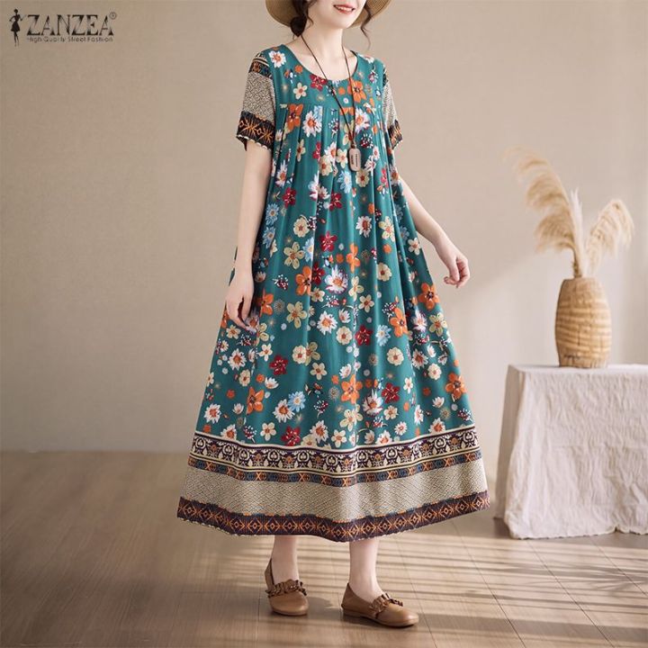 Floral Dresses Bohemian Short Sleeve Dress ZANZEA Women Vintage Floral Print Bohemian Dresses Short Sleeve Crew