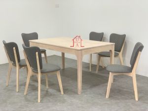 [ 7 pcs miu-miu dining set] Lux 150cm/5ft Solid Rubber wood table with 6 Upholstered miu-miu chairs- Modern Furniture