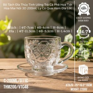Bộ 6 Ly & 6 Đĩa Thủy Tinh Retro 160ml – Hoa văn cổ điển sang trọng phù hợp decor bàn trà.