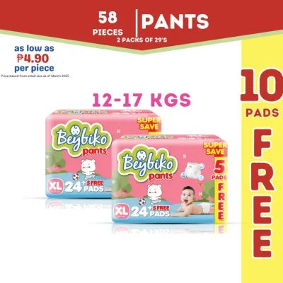Beybiko Diaper Pants XL (12–17kg) 58 PCS - 24+ 5 FREE PADS x 2 packs