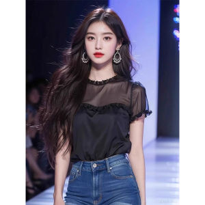 Black Patchwork Organza Design Sense Short Sleeve Shirt 2025 Summer Slimming Blouse This Years Trendy Top