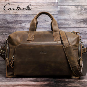 CONTACTS Vintage Luggage Bag Crazy Horse Leather Shoulder Messenger Bags for Men Travel Totes Bag for 14" Laptop Large Capacity
