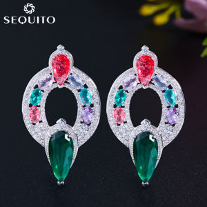 SEQUITO Summer Fashion Large Round Circle Ear Stud Pave Colorful Cubic Zirconia Stone Boho Earrings Jewelry SE377