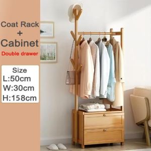 Floor Hanger Wardrobe Cabinet Coat Rack Wooden Shelf with Drawer Multifunctional Bamboo Storage Clothing Rack