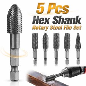FLYING 5 Pcs Heat-resistant Hex Shank Rotary Steel File Set Corrosion-resistant High Hardness Grinding Head Professional Rust Removal Electric Rotary File For Drilling Grinding Etc