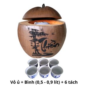 Bình ủ trà trái dừa khắc chữ Thiền / Bình trà 04 - 09 lít / Giữ ấm từ 3 - 6 giờ / Sản phẩm sản xuất thủ công / Xưởng sản xuất tại Bến Tre