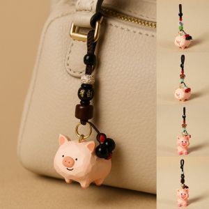NEEUJ ถักเชือก ที่จับกุญแจรูปหมูไม้ ลูกปัด ดอกไม้ ห้อยกุญแจรถยนต์ แฟชั่น ของประดับตกแต่ง จี้ตุ๊กตาหมูแกะสลัก หญิง/ชาย