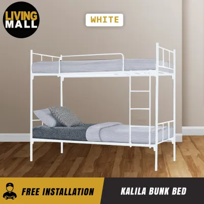 Living Mall Kalila Metal Double Decker Bed Frame With Mattress Package In Black & White Color