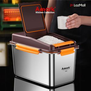 Amark Kitchen Collection Stainless Steel 10kg Rice Storage Bin - Flip Lid Measuring Cup Bug Seal