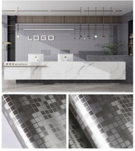 Glossy Mosaic Metal Wallpaper Self Adhesive Sticker for Background Wall Cabinet Table Elevator Bathroom Thickened DIY Home Decoration Sticker Furniture Wrapper Silver/Gold/Rose Gold/Grey Silver 40/60/80*200cm