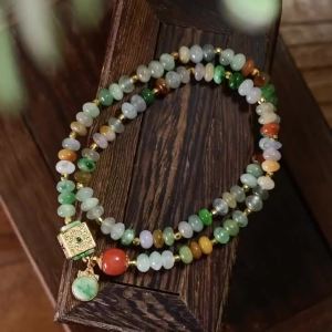 Natural Grade‑A Tri‑Color Jadeite Double‑Loop Bracelet Red Agate Gold‑Plated S925 Silver Chinese‑Style Bracelet For Women