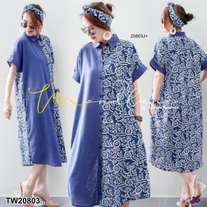 B20803  เดรสคอปกเซิ้ต แขนเบิ้ล พิมพ์ลายทูโทน Collared shirt dress double sleeves two-tone print.