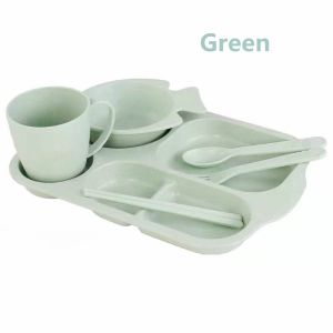 (Drop Resistant)6pcs/set Baby Food Plate Set Toddler Bowl Set with Spoon Fork Training Eating Bowl boy girl Utensil kids Divided Plate Wheat Straw Plastic Dinnerware Sets