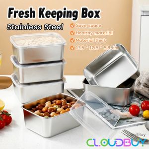 C.B.【Ready in Stock】 Fresh Keeping Box with Lid Stainless Steel Food Container Fridge Frozen Storage Box 1Pc