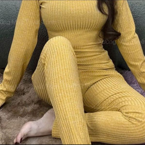 Set đồ bộ Cổ Vuông Tay Dài Quần Baggy chất liệu vải thun gân đũa lạnh co dãn dày dặn quần có túi.