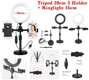 Paket Ringlight 16cm + Tripod Mini Stand 28cm 2 Holder Hp Live Stream Make Up Vlog