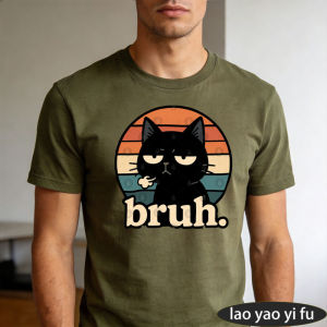 [Local Stock] HBESTY  Bruh Black Cat Men Tshirt Retro Sunset Black Cat Cartoon Funny Slogan Graphic Trendy Versatile Mens Short Sleeve Attire