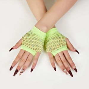 MARBLEX Fishnet Design Rhinestone Gloves Style Shiny Decor Fingerless Gloves Female Gloves Hollowed-out Gloves Party Performance