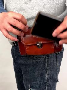 Men Genuine Leather 7 Inch Phone Belt Pouch Dual Zipper Waist Bag with Front Pocket