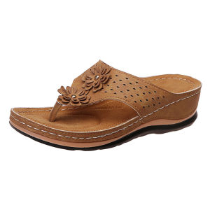 [Free Shipping] Thick-Soled Floral Hollow-Out Flip-Flops For Women Wedge-Heeled Outdoor Sandals Beach Slippers