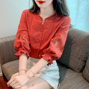 YIGE Công Việc Nặng Rỗng-Out Áo Cánh Thêu Cho Phụ Nữ 2023 Mùa Hè Phong Cách Hàn Quốc Mới Tay Áo Bong Bóng Áo Thiết Kế Cao Cấp Năm-Quý Tay Áo Cho Phụ Nữ