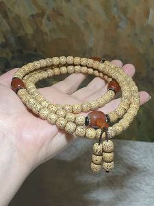 8.7mm aged yellowish "Star & Moon" Bodhi Red Agate 108 prayer beads necklace 8.7毫米老料星月菩提黄金籽配红玛瑙108念珠串项链